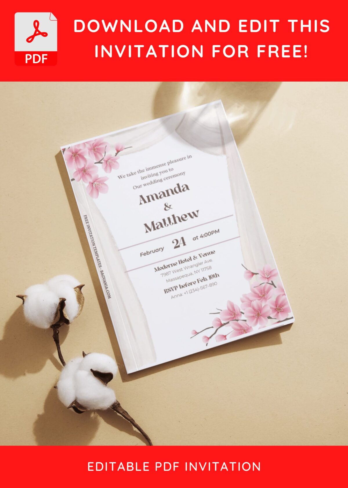 (Free Editable PDF) Timeless Cherry Blossom Wedding Invitation Templates J