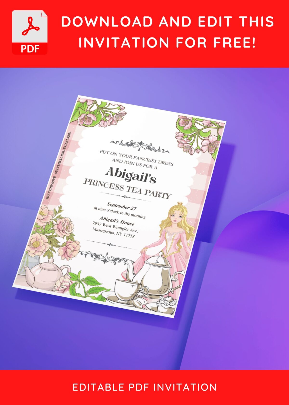 (Free Editable PDF) Shimmering Princess Tea Party Invitation Templates with watercolor tea cup and pot