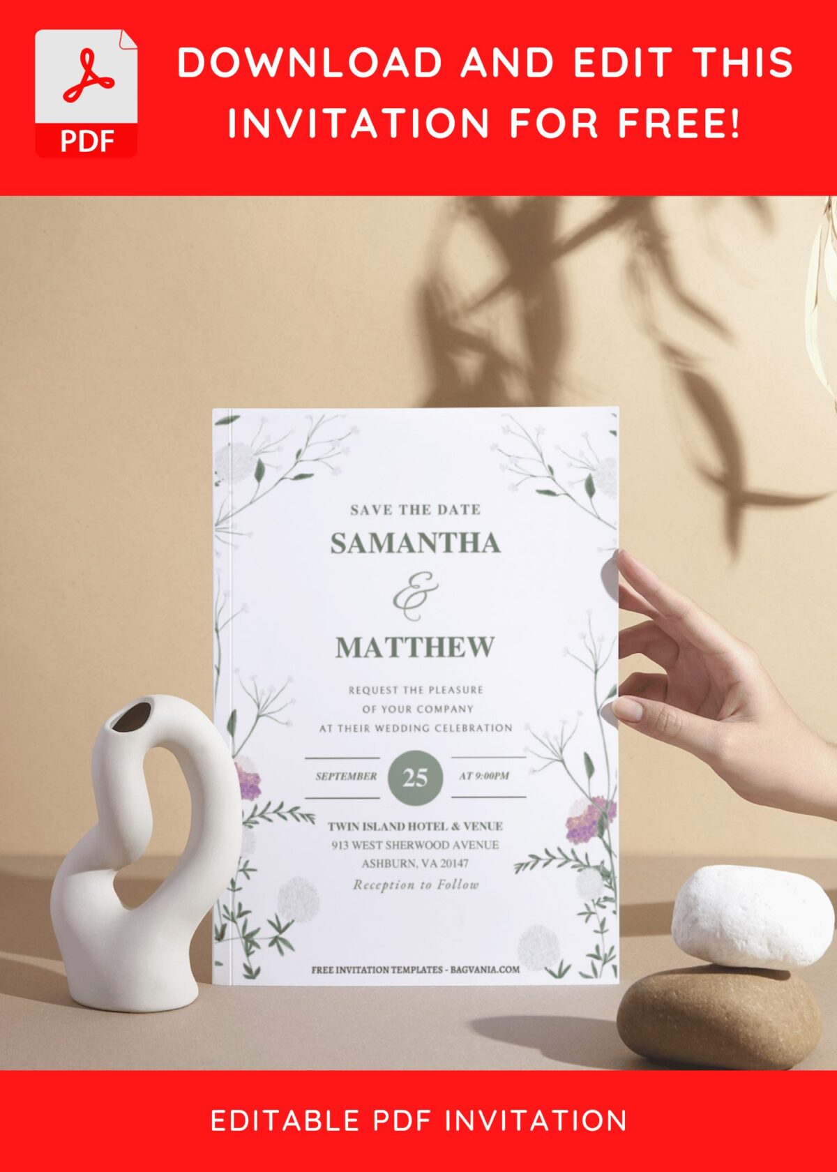 (Free Editable PDF) Romantic Floweret Wedding Invitation Templates I