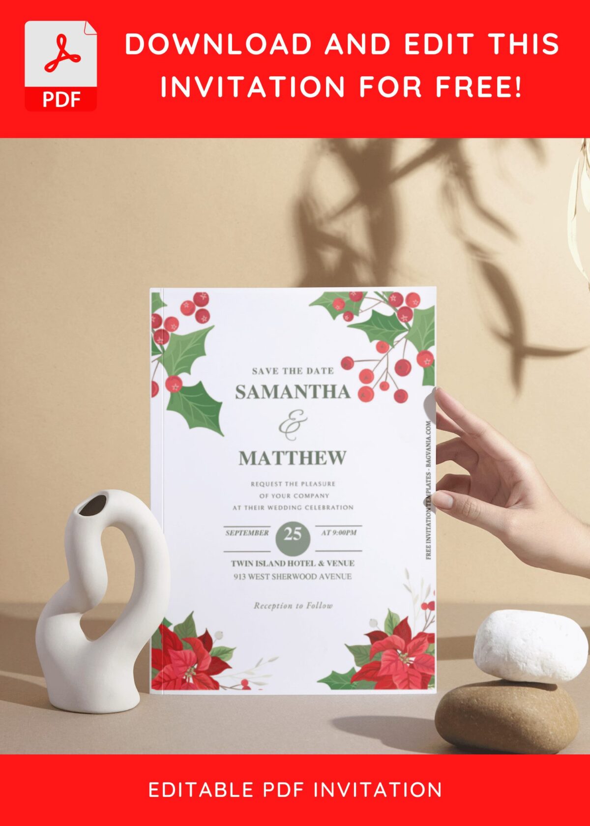 (Free Editable PDF) Christmas Winter Berry Wedding Invitation Templates I