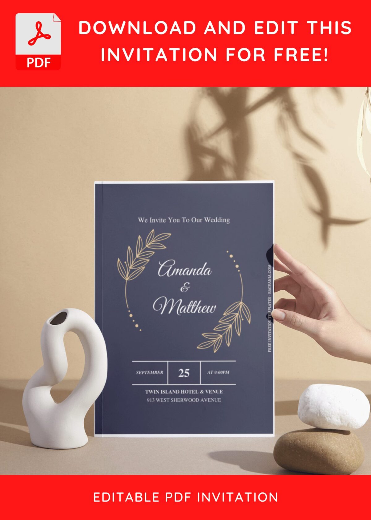 (Free Editable PDF) Delicate Gold Greenery Frame Wedding Invitation Templates II