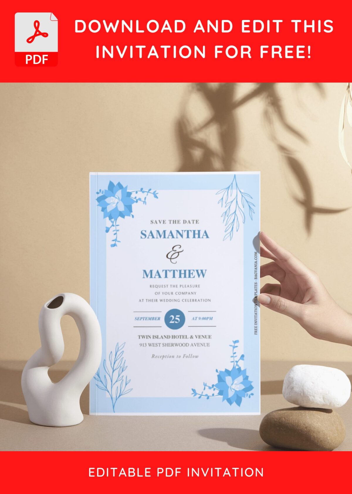 (Free Editable PDF) Sapphire Blue Floral Wedding Invitation Templates I
