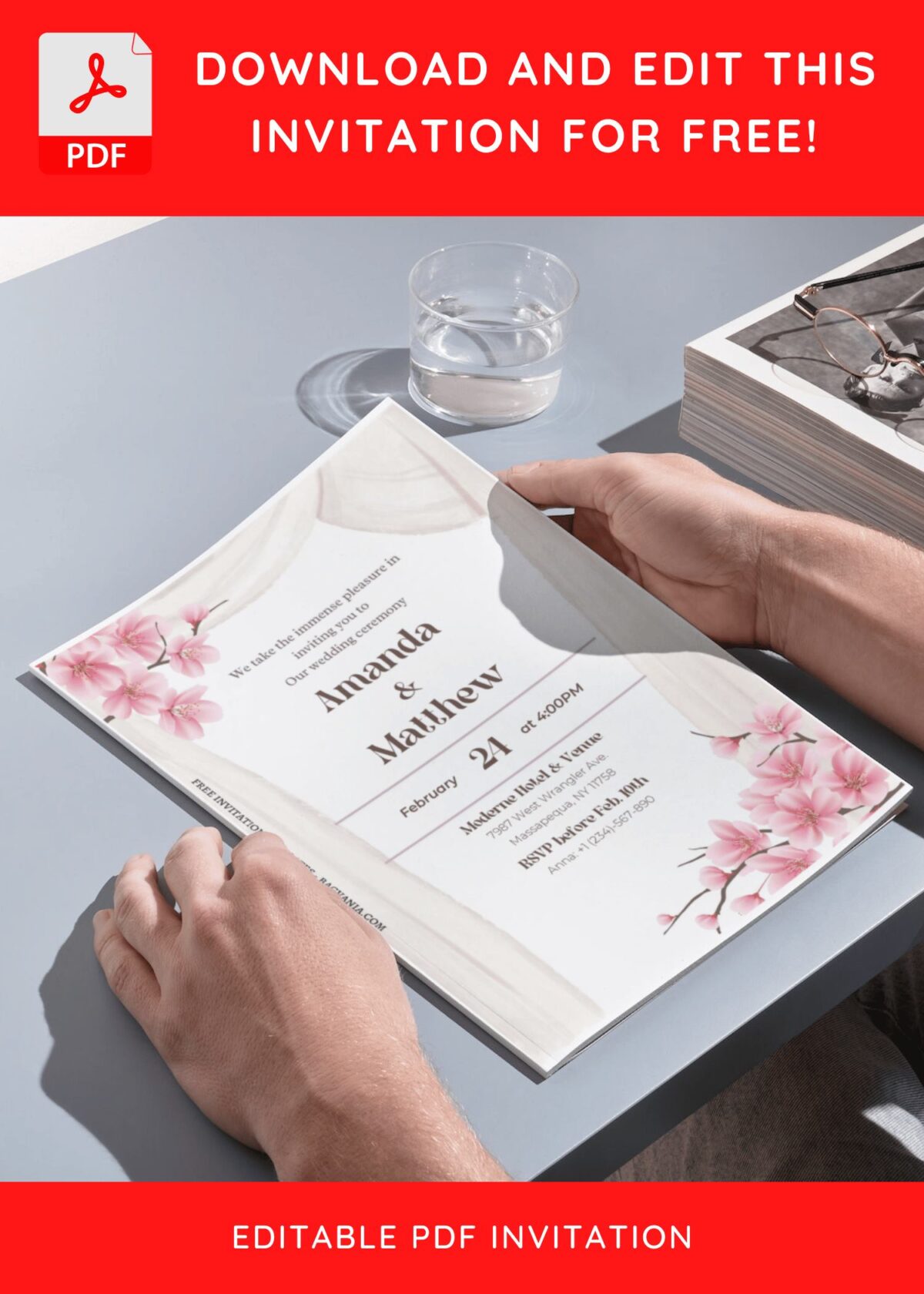 (Free Editable PDF) Timeless Cherry Blossom Wedding Invitation Templates H
