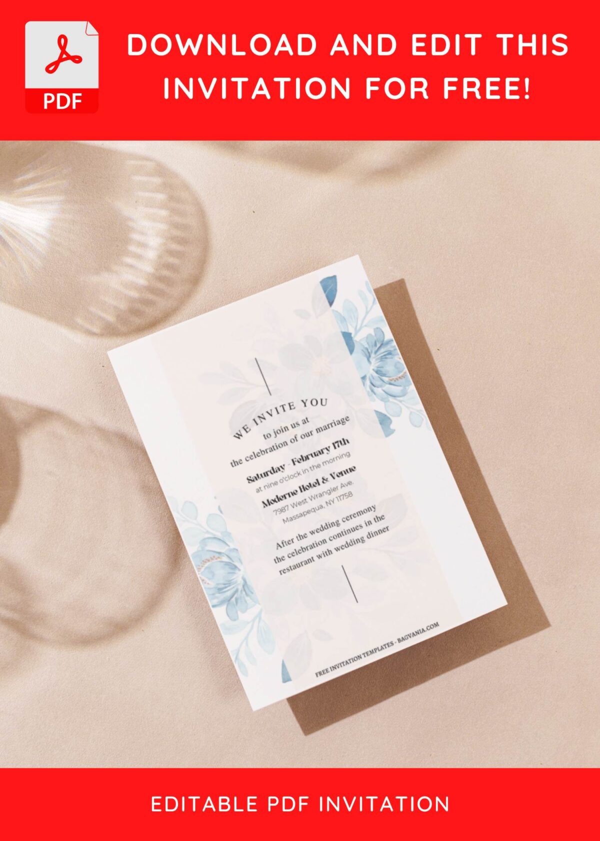 (Free Editable PDF) Serene Blue Flower Wedding Invitation Templates with minimalist design