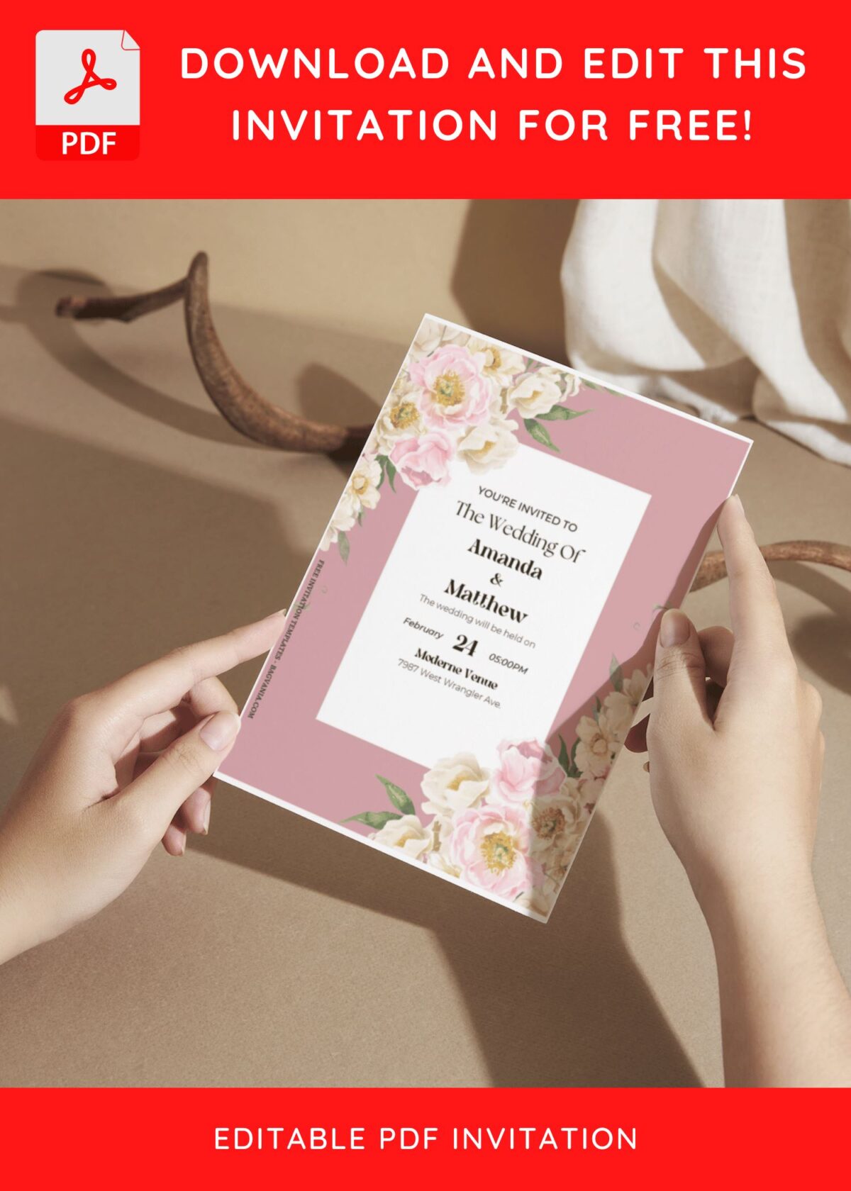 (Free Editable PDF) Pastel Floral Frame Wedding Invitation Templates with editable text