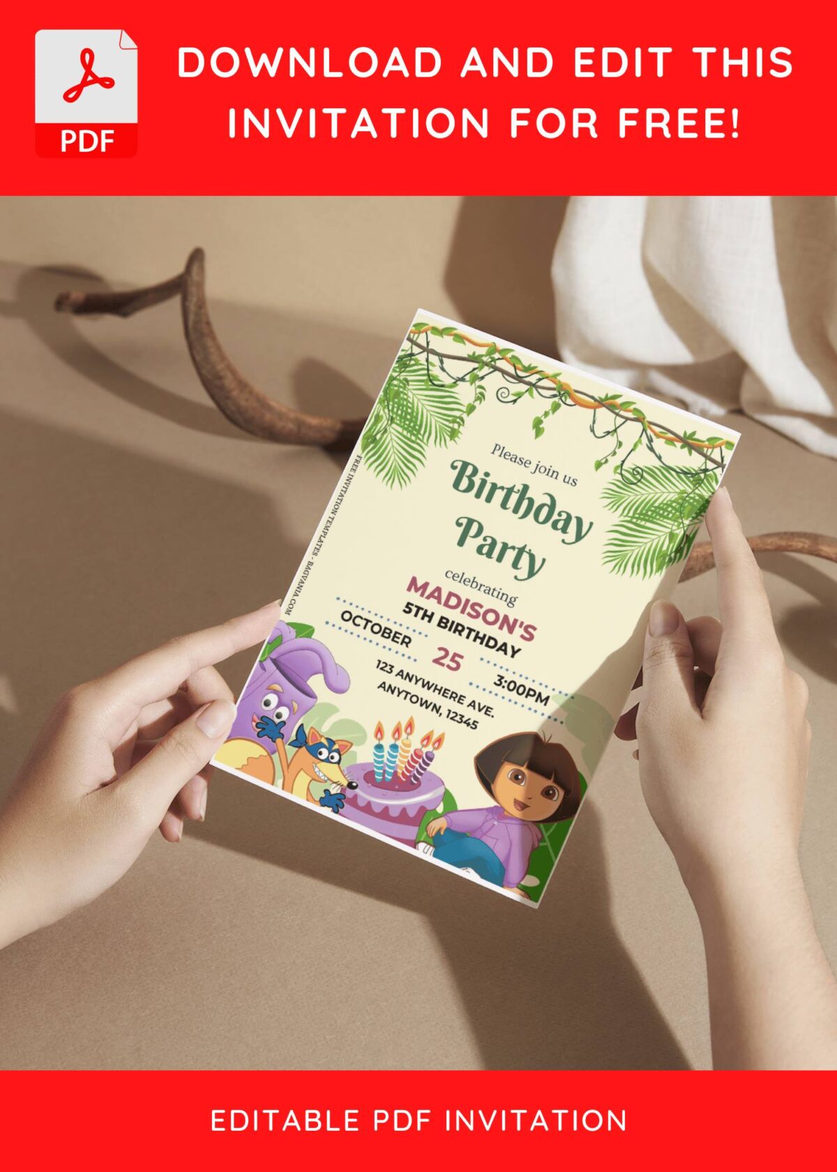 (Free Editable PDF) Fun Dora Jungle The Explorer Birthday Invitation Templates F