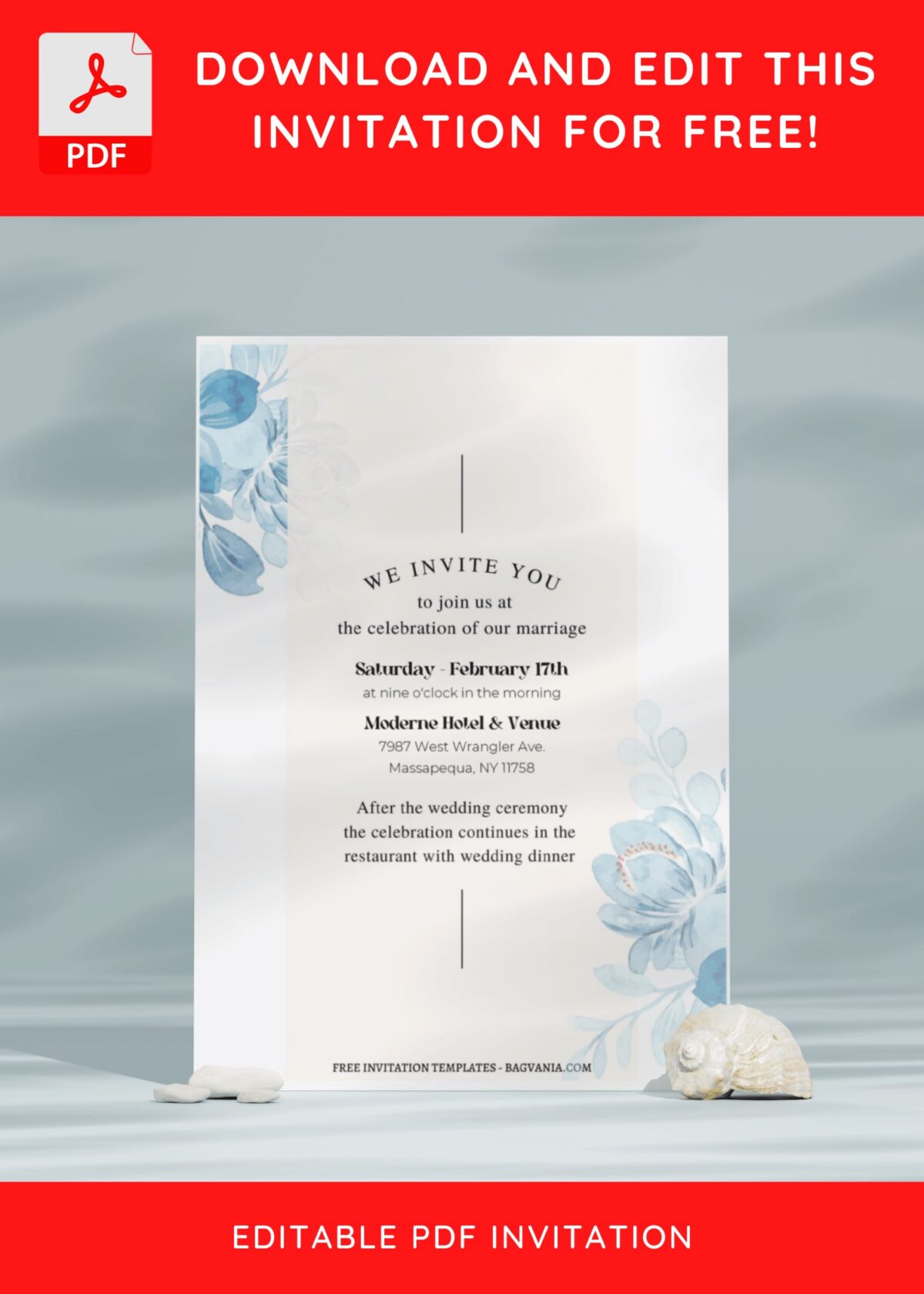 (Free Editable PDF) Serene Blue Flower Wedding Invitation Templates with blue rose