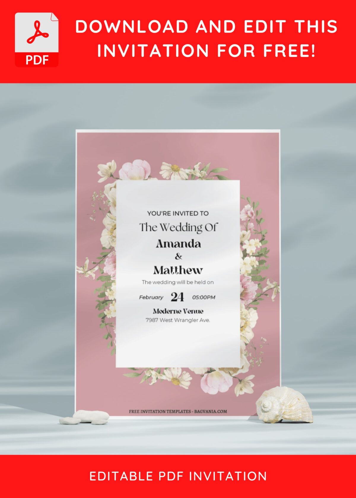 (Free Editable PDF) Pastel Floral Frame Wedding Invitation Templates E