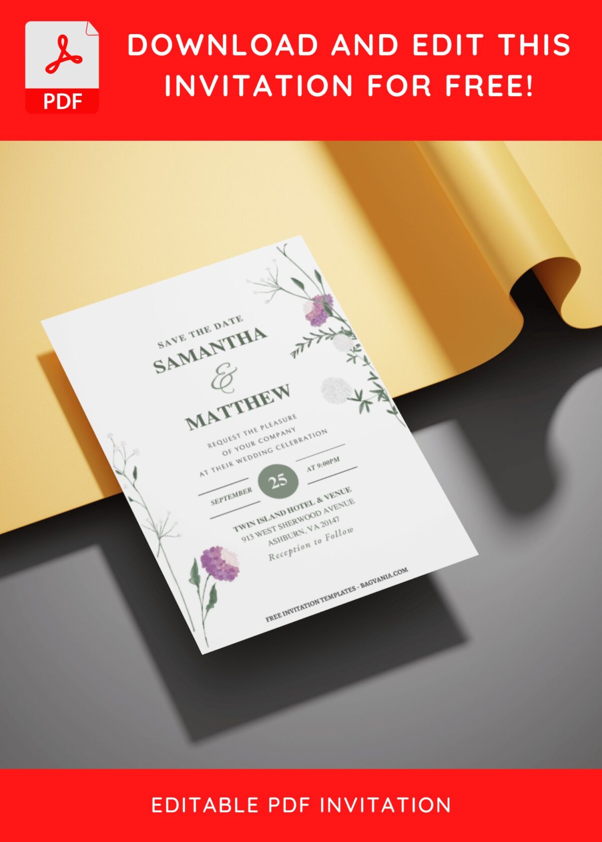 (Free Editable PDF) Romantic Floweret Wedding Invitation Templates E
