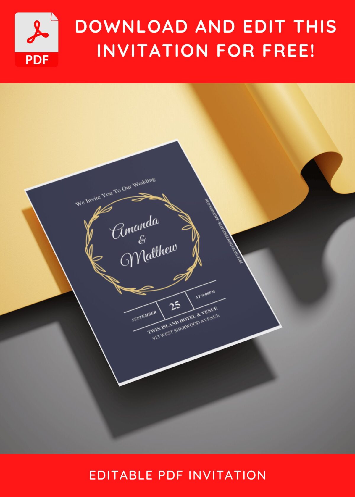 (Free Editable PDF) Delicate Gold Greenery Frame Wedding Invitation Templates E
