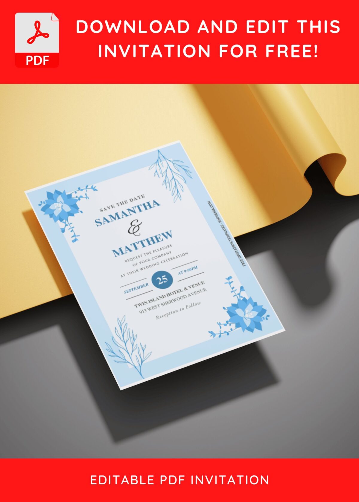(Free Editable PDF) Sapphire Blue Floral Wedding Invitation Templates E