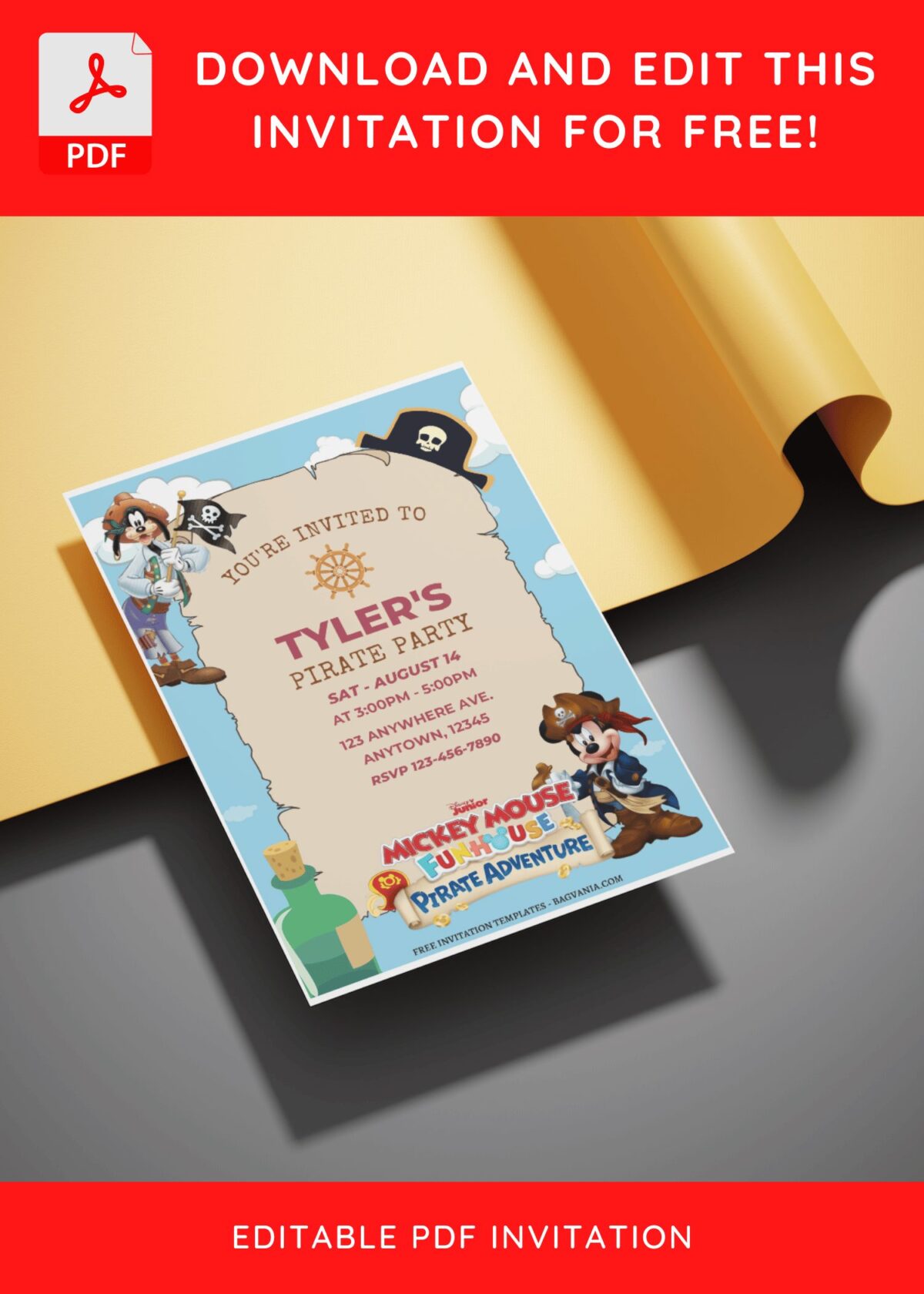 (Free Editable PDF) Yo-Ho-Ho! Mickey Mouse Pirate Birthday Invitation Templates E