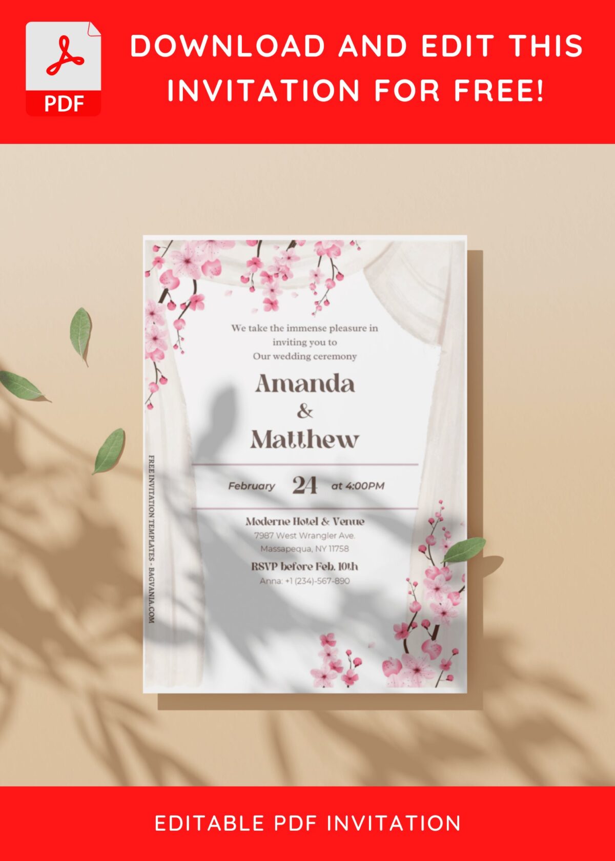 (Free Editable PDF) Timeless Cherry Blossom Wedding Invitation Templates D