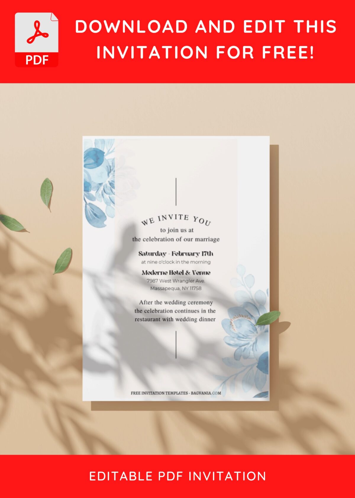 (Free Editable PDF) Serene Blue Flower Wedding Invitation Templates D