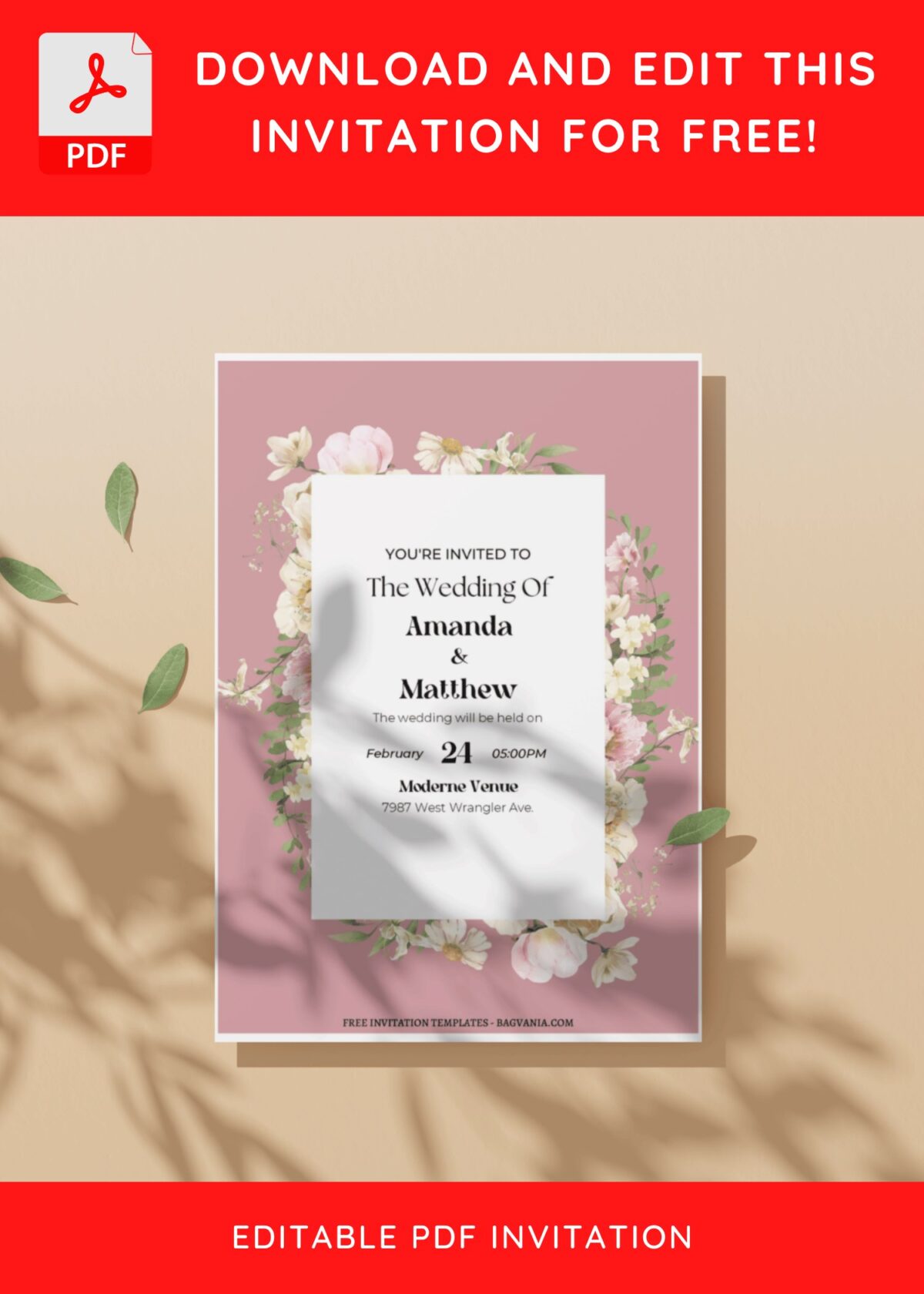 (Free Editable PDF) Pastel Floral Frame Wedding Invitation Templates with pastel pink background