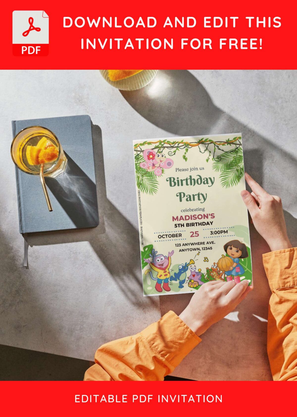 (Free Editable PDF) Fun Dora Jungle The Explorer Birthday Invitation Templates D