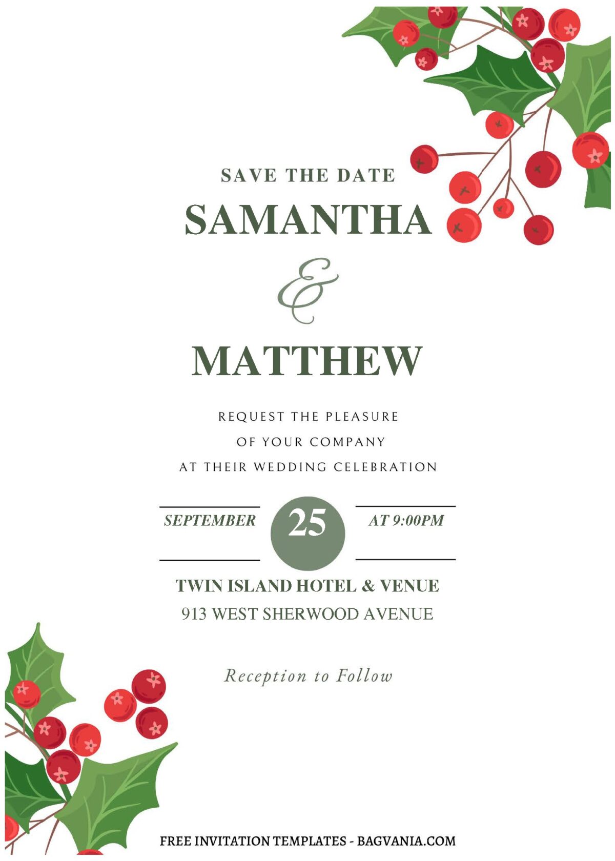 (Free Editable PDF) Christmas Winter Berry Wedding Invitation Templates C