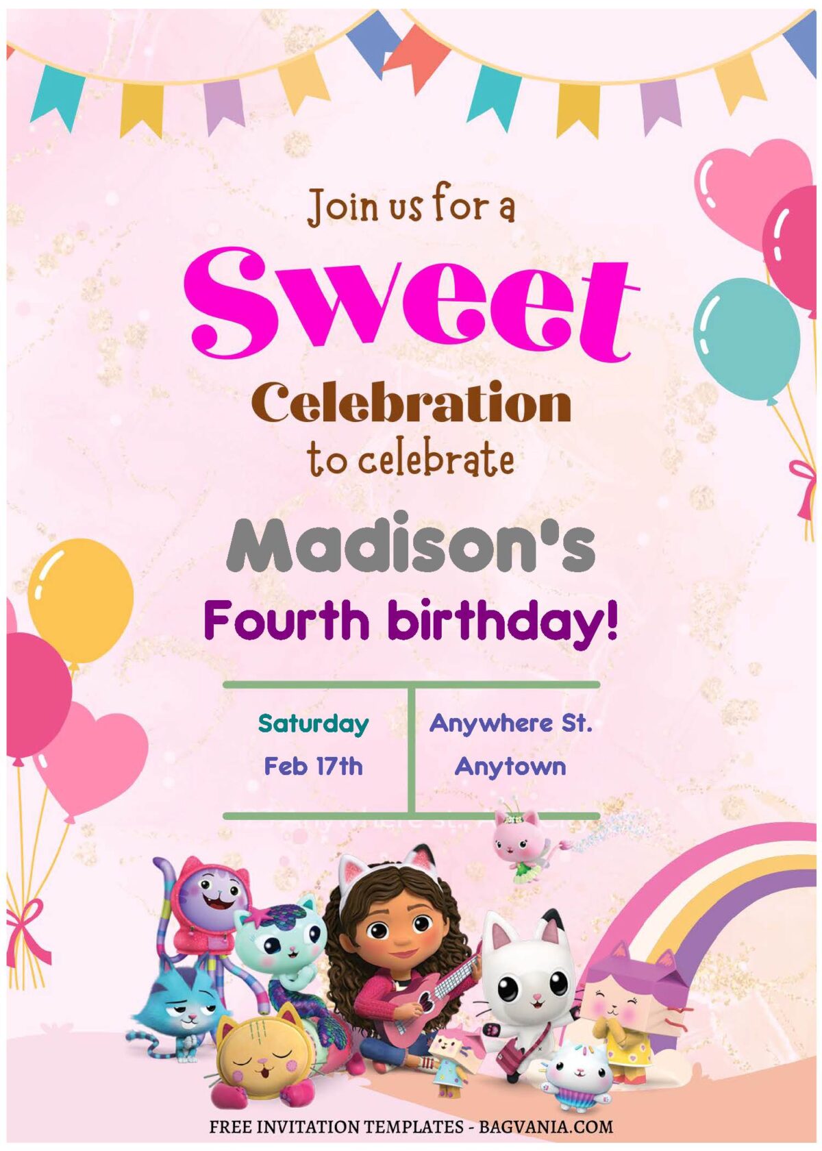 (Free Editable PDF) Join The Fun Gabby's Dollhouse Birthday Invitation Templates B
