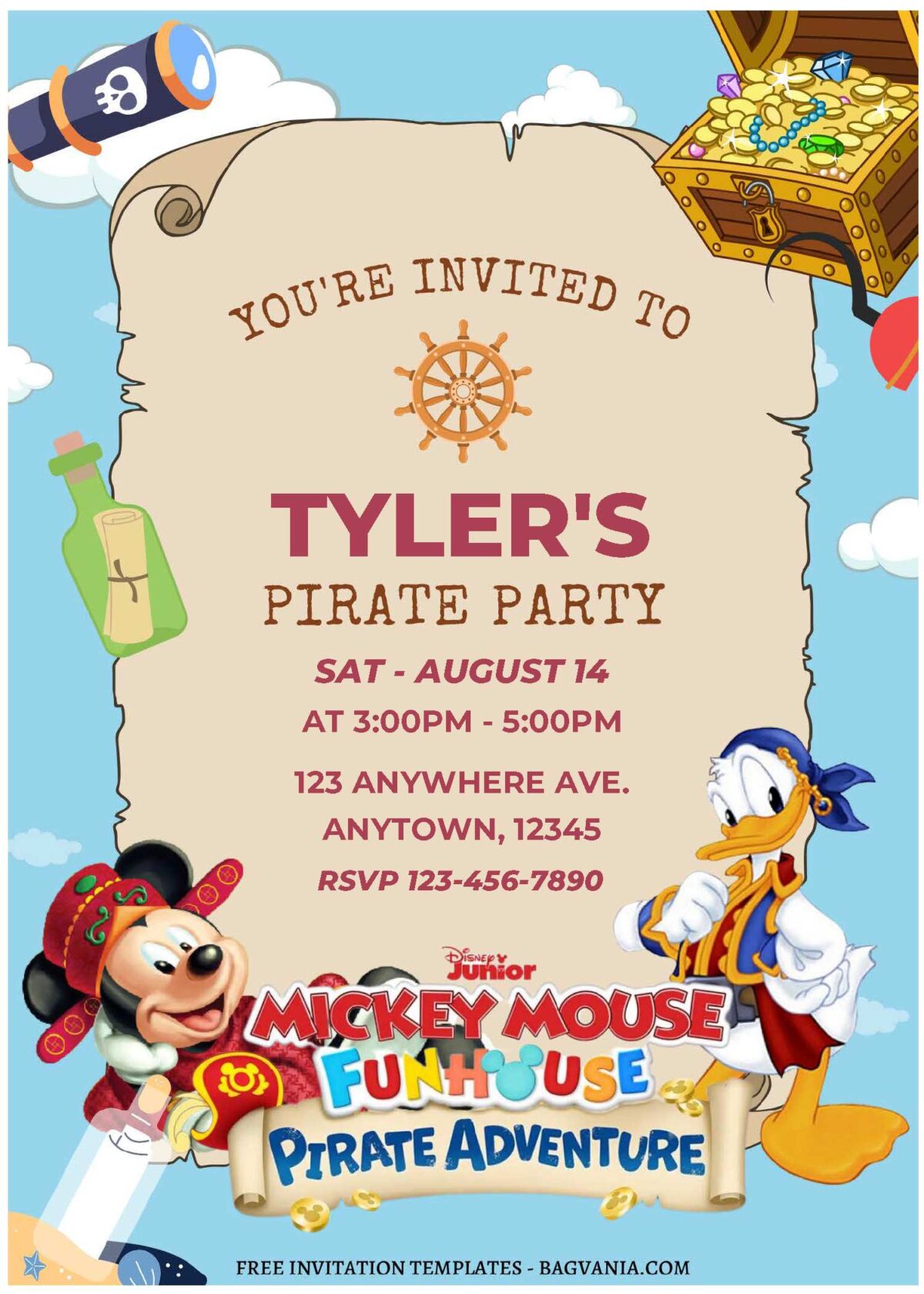 (Free Editable PDF) Yo-Ho-Ho! Mickey Mouse Pirate Birthday Invitation Templates C