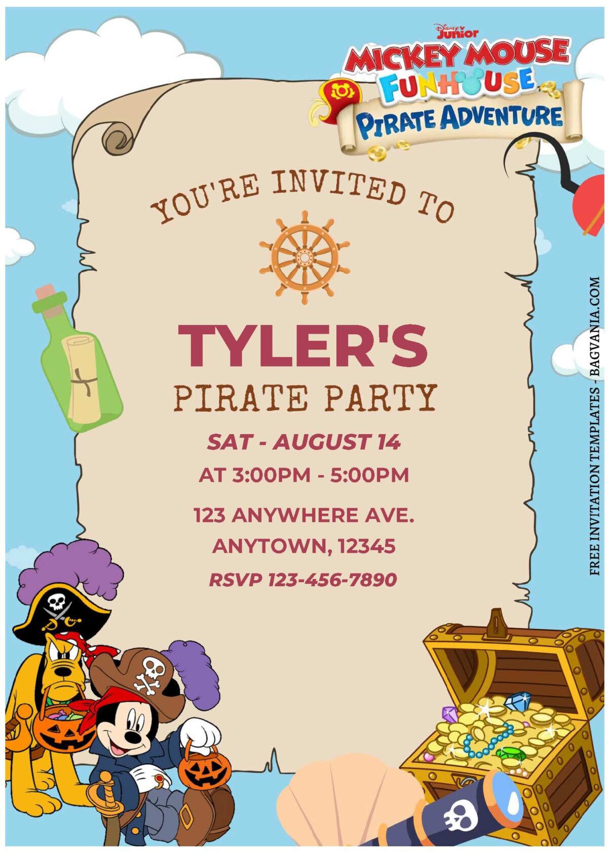 (Free Editable PDF) Yo-Ho-Ho! Mickey Mouse Pirate Birthday Invitation Templates B
