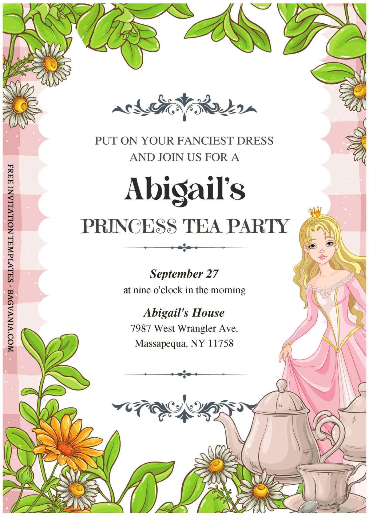 (Free Editable PDF) Shimmering Princess Tea Party Invitation Templates with cute pink gingham background