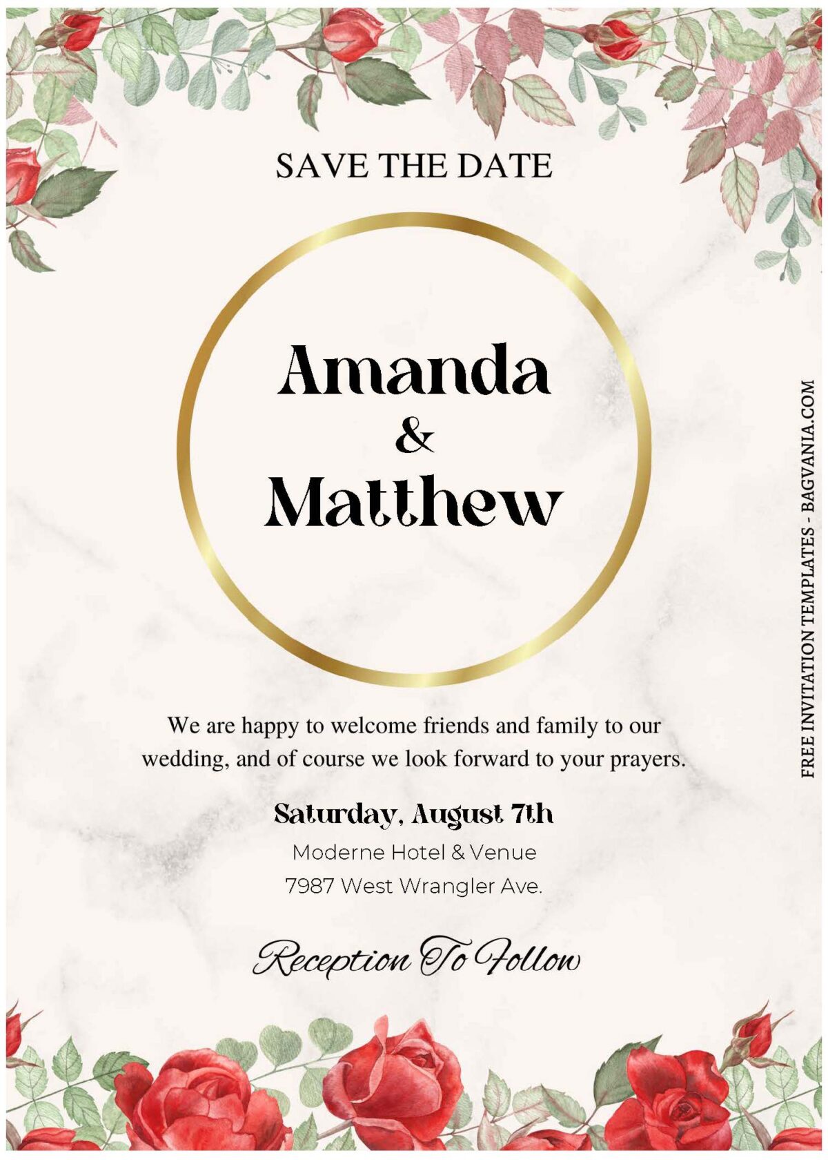 (Free Editable PDF) Whimsical Rosebud Wedding Invitation Templates with rustic watercolor background