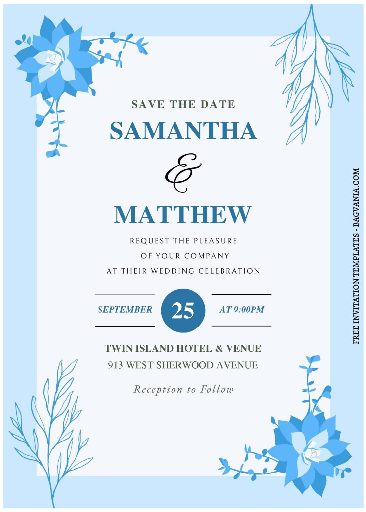 (Free Editable PDF) Sapphire Blue Floral Wedding Invitation Templates C