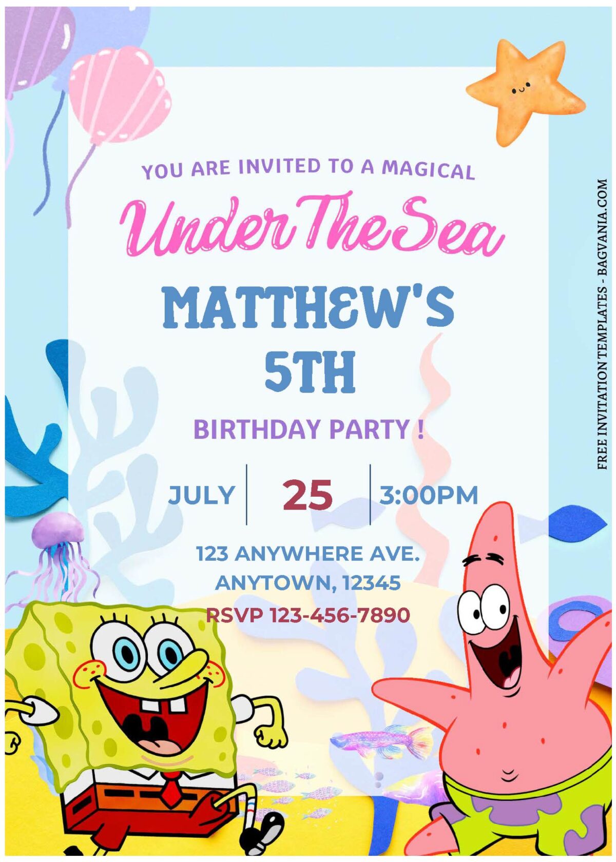 (Free Editable PDF) Fun Splash SpongeBob Under The Sea Birthday Invitation Templates 