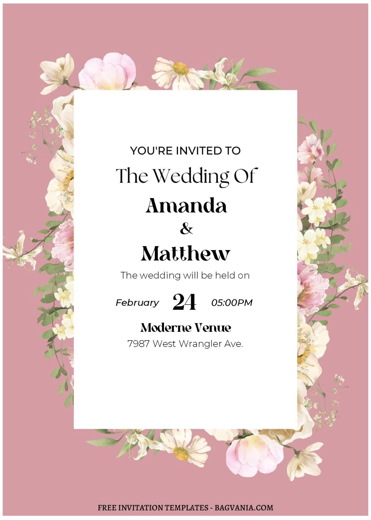 (Free Editable PDF) Pastel Floral Frame Wedding Invitation Templates with enchanting white lily