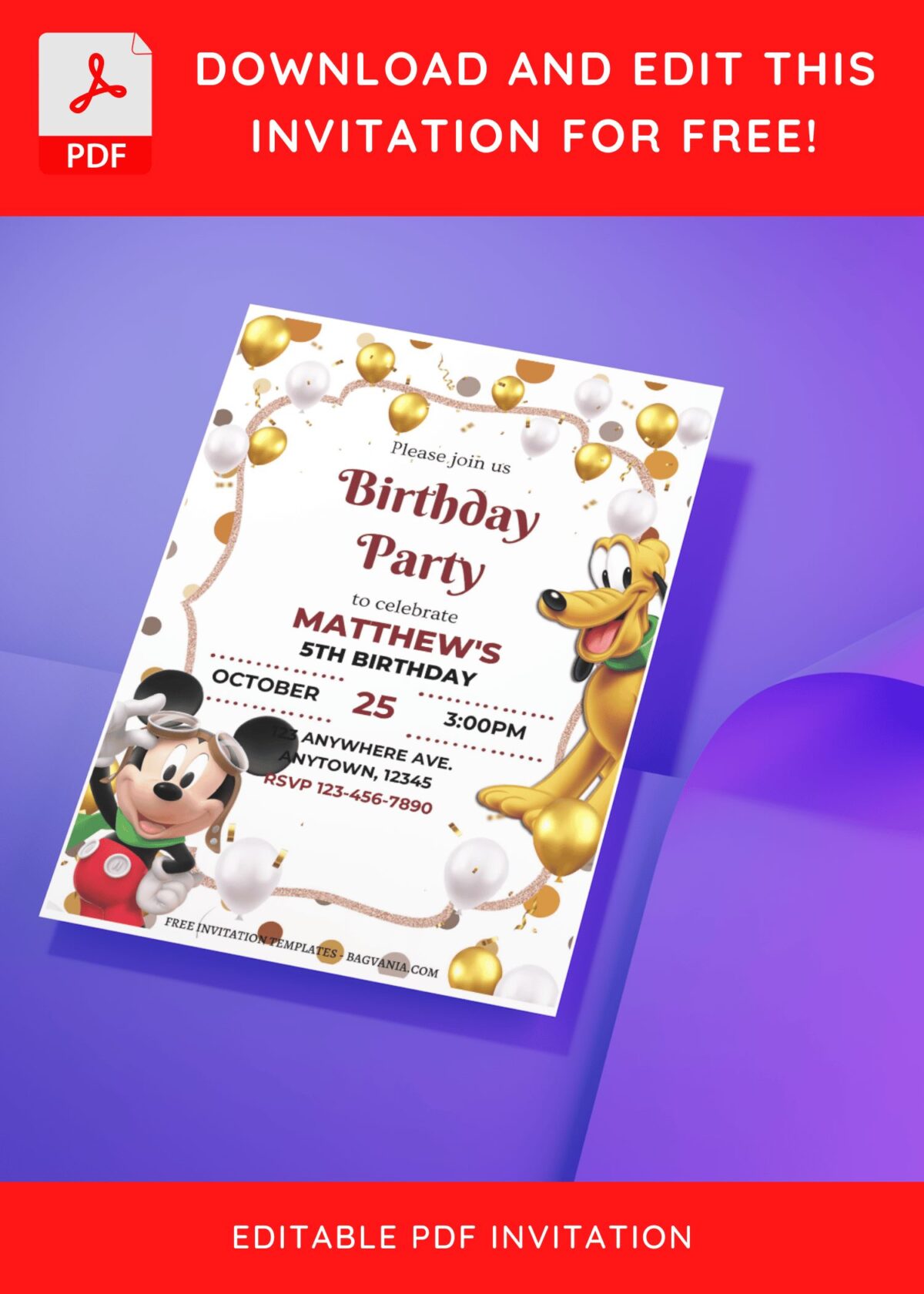 (Free Editable PDF) Shimmering Mickey Mouse Birthday Invitation Templates J