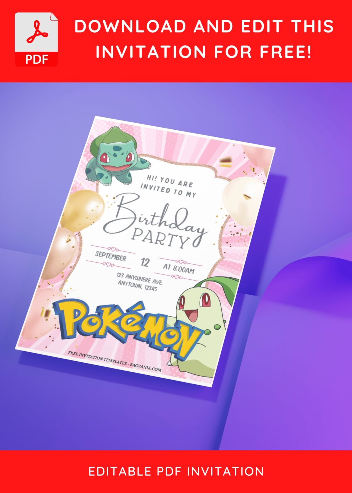 (Free Editable PDF) Shimmering Pokemon Girl Birthday Invitation Templates J
