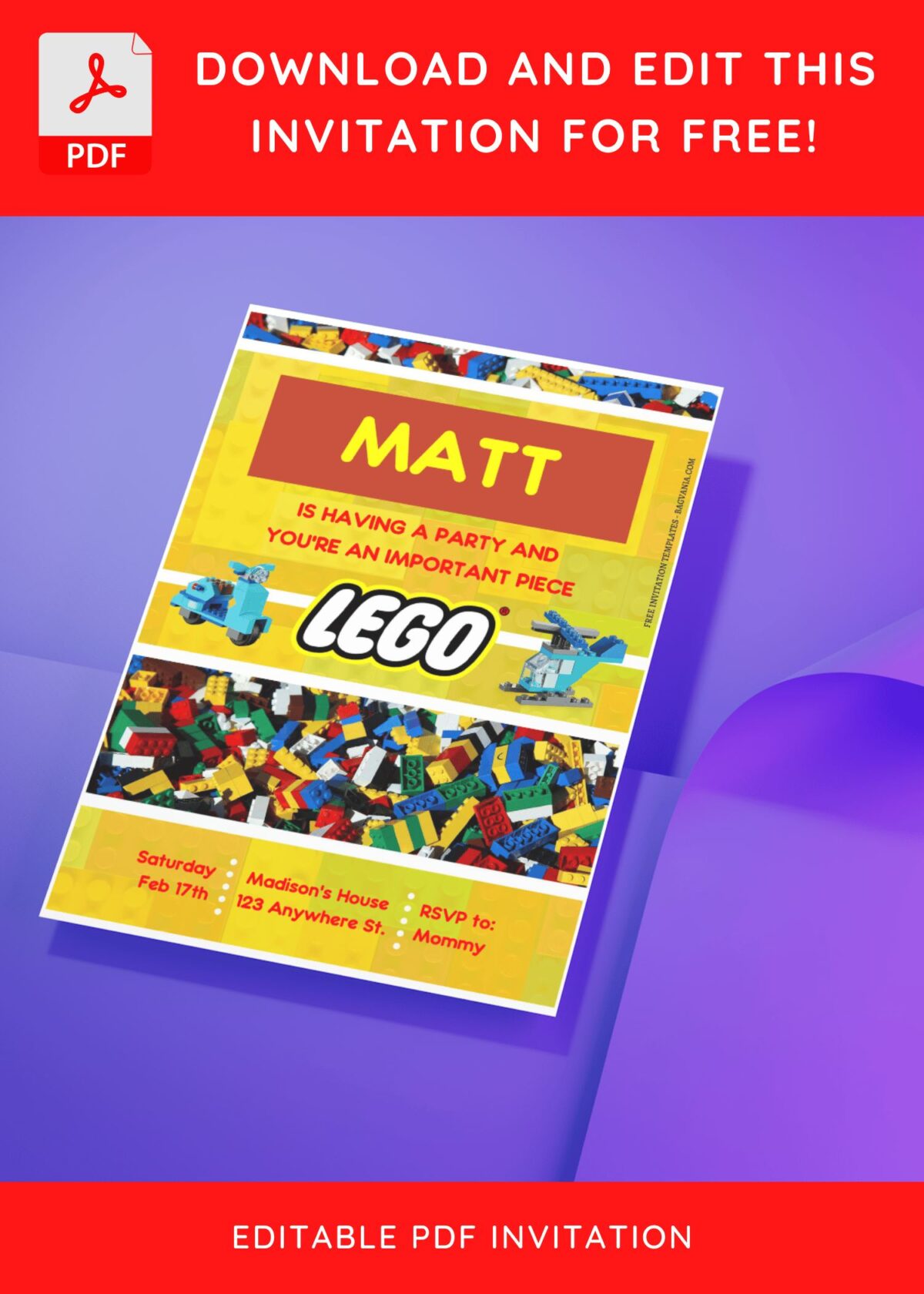 (Free Editable PDF) Baby Builder Lego Brick Birthday Invitation Templates I