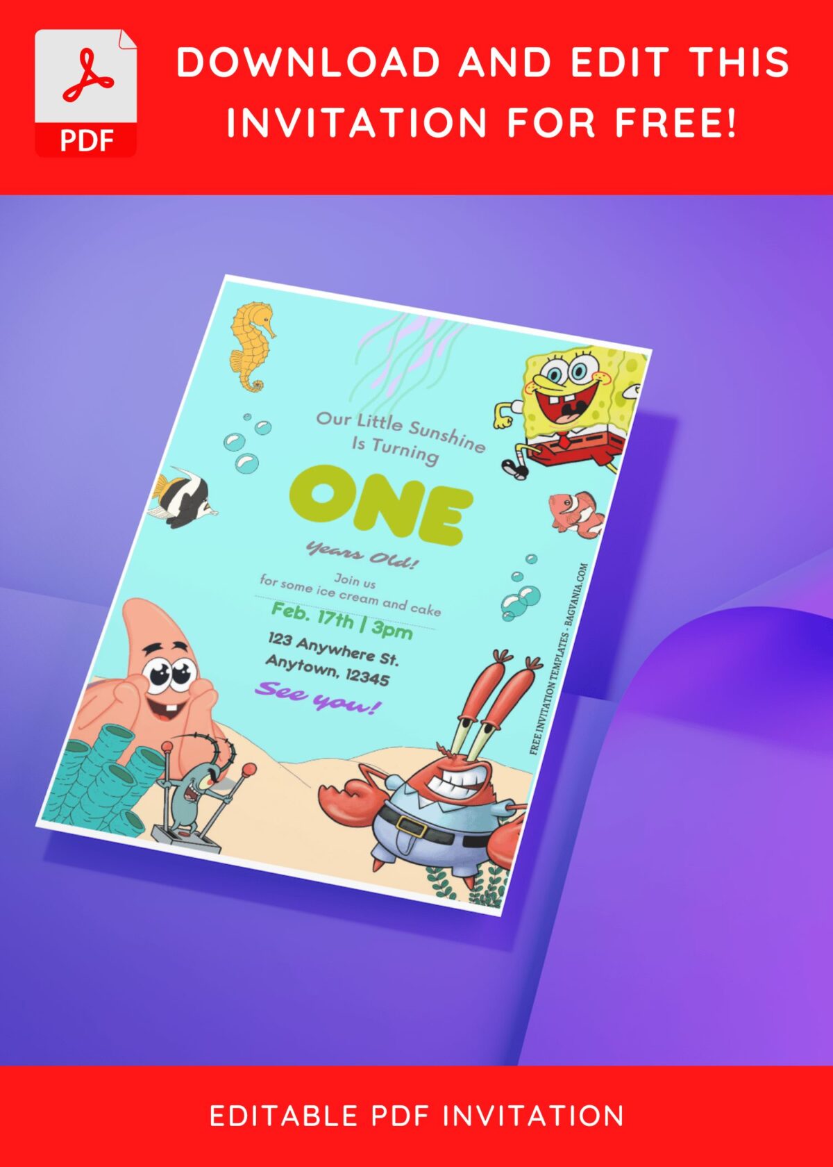 (Free Editable PDF) Bubbly Fun SpongeBob Birthday Invitation Templates I