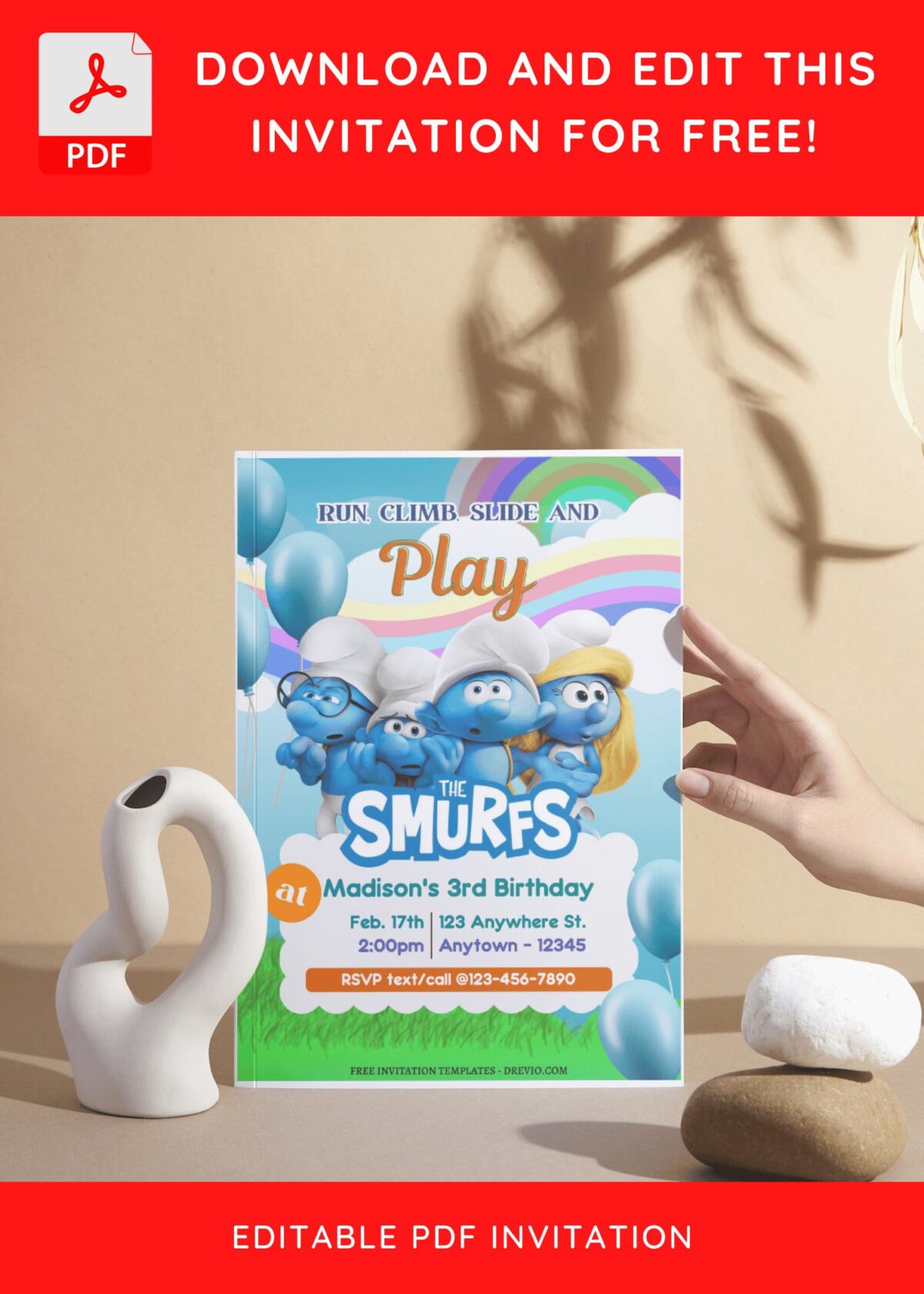(Free Editable PDF) Smurftastic Smurfs Birthday Invitation Templates with Clumsy Smurfs