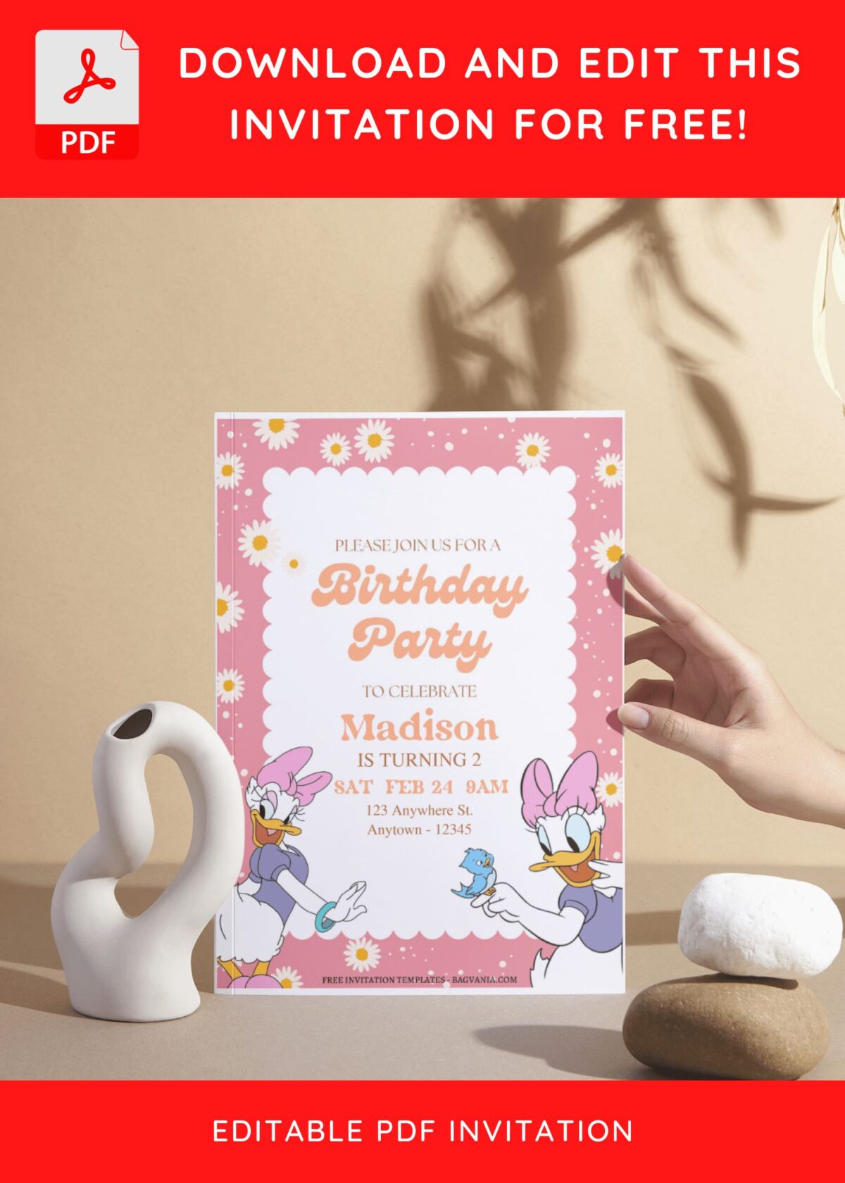 (Free Editable PDF) Playful Daisy Duck Birthday Invitation Templates I