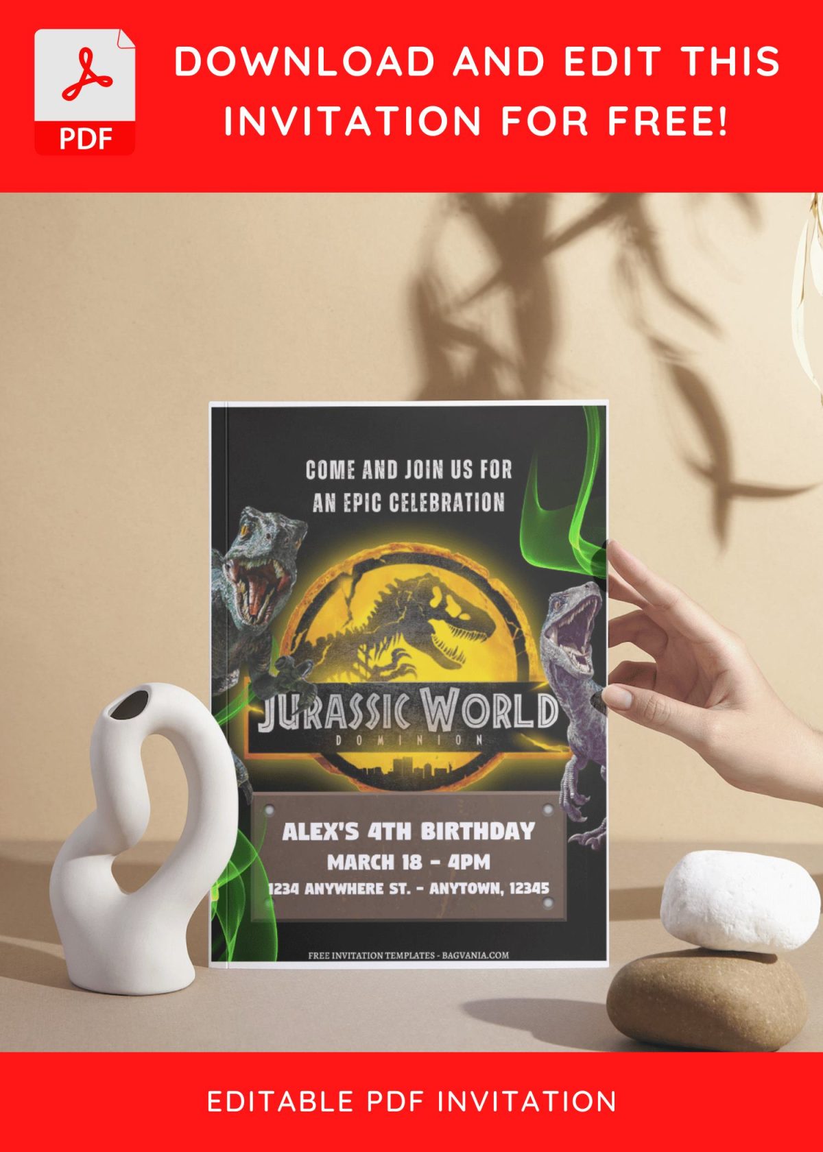 (Free Editable PDF) Jurassic Movie Themed Birthday Invitation Templates I
