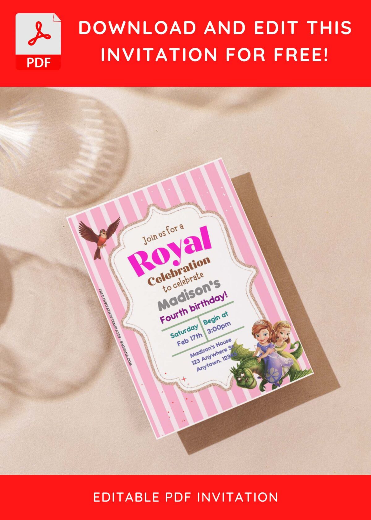 (Free Editable PDF) Adorable Sofia The First Baby Shower Invitation Templates G