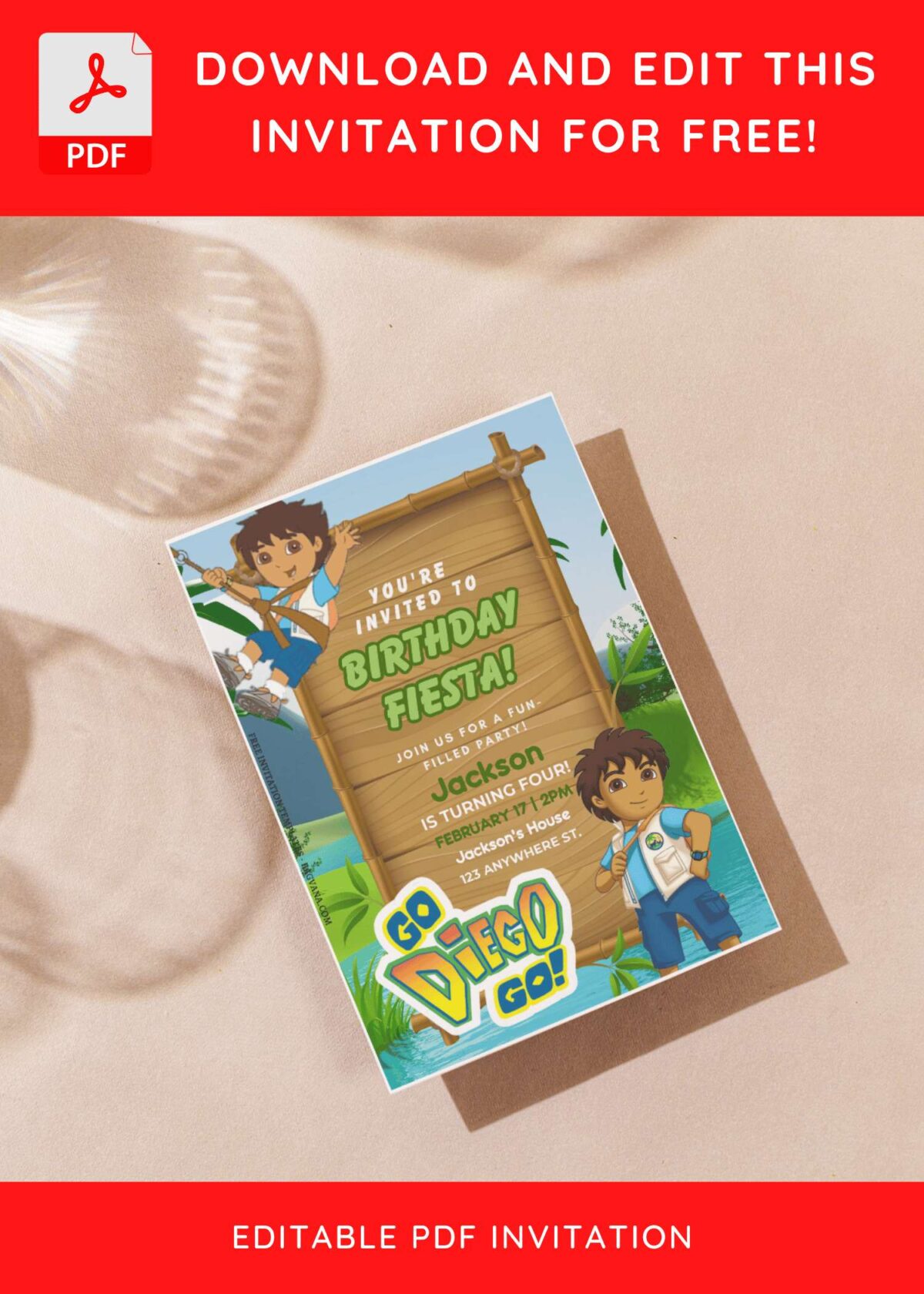 (Free Editable PDF) Jungle-Tastic Go Diego Go Birthday Invitation Templates G