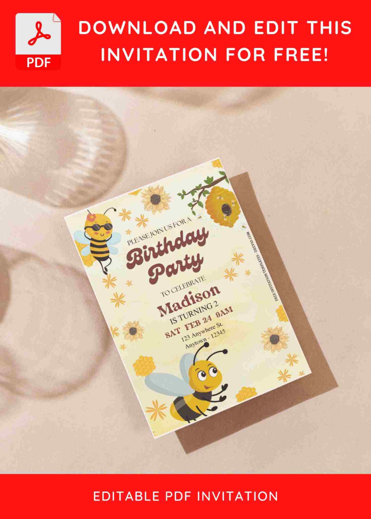 (Free Editable PDF) Fluttering Bee Birthday Invitation Templates G