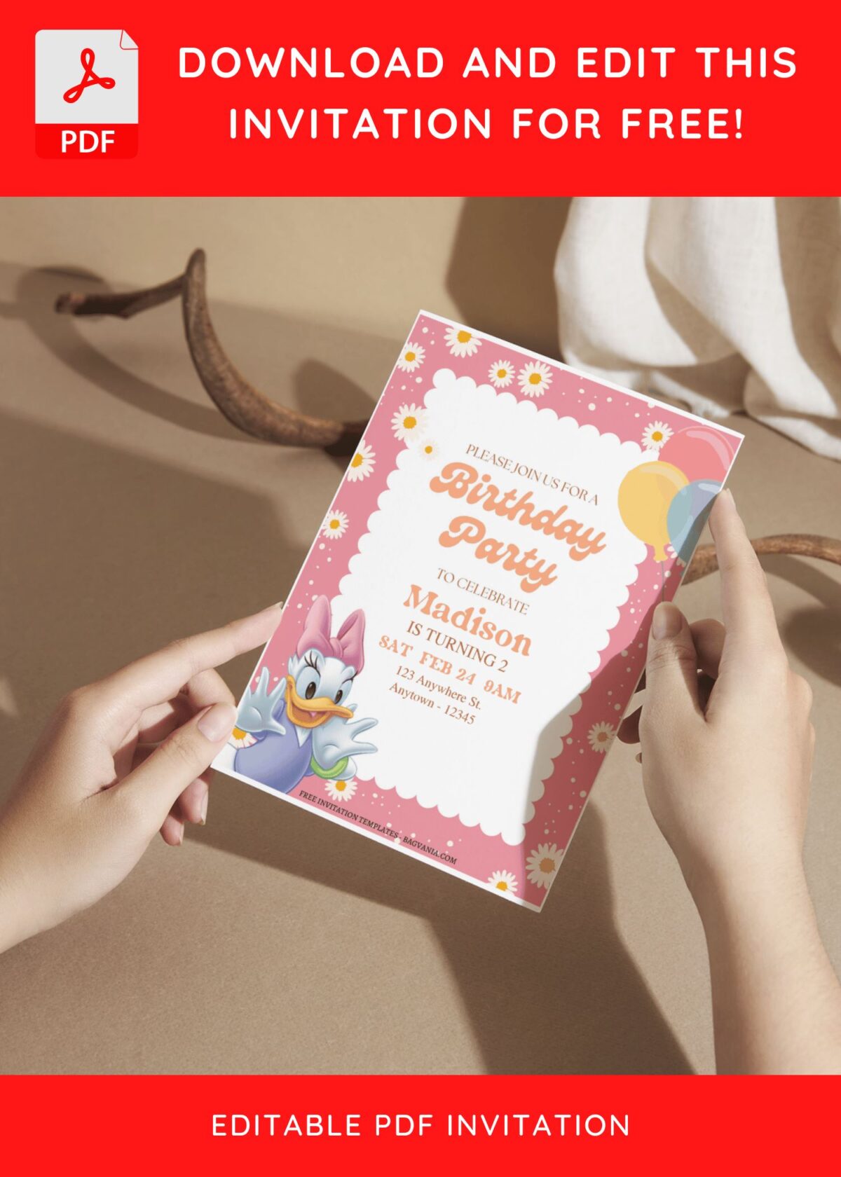 (Free Editable PDF) Playful Daisy Duck Birthday Invitation Templates F