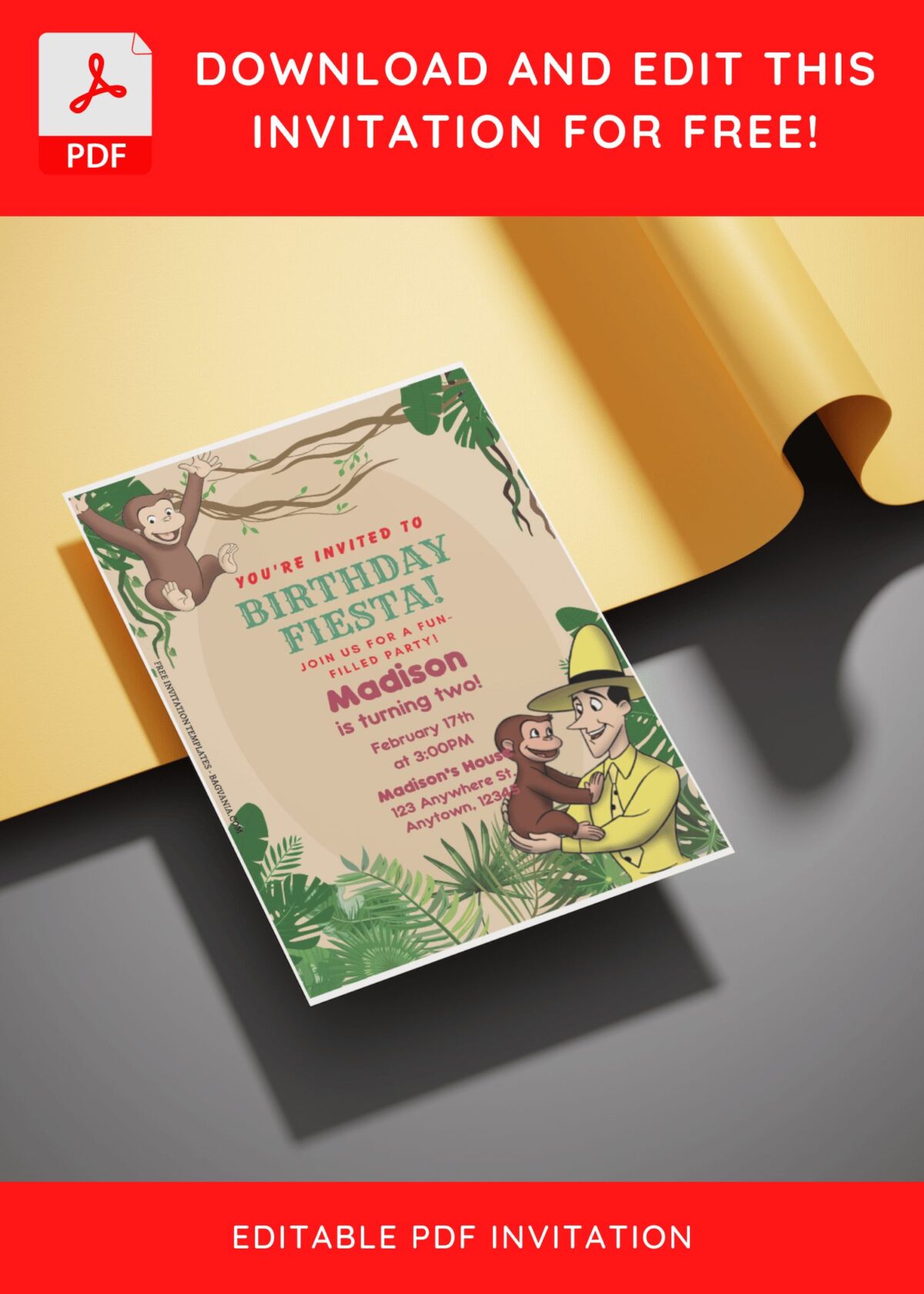 (Free Editable PDF) Jungle Curious George Baby Shower Invitation Templates E