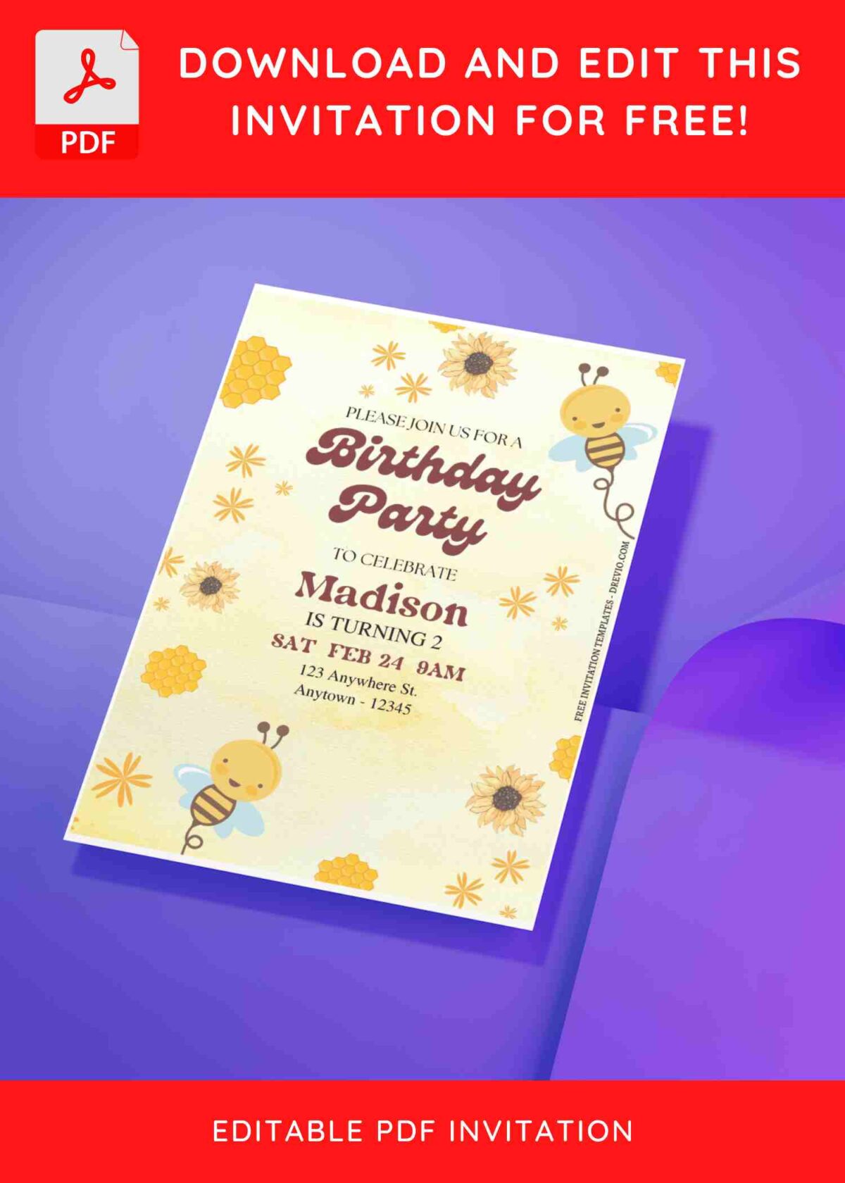 (Free Editable PDF) Fluttering Bee Birthday Invitation Templates E