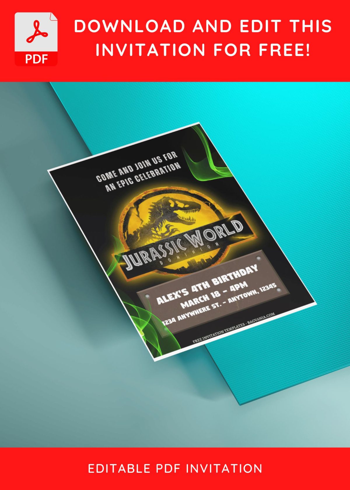 (Free Editable PDF) Jurassic Movie Themed Birthday Invitation Templates E