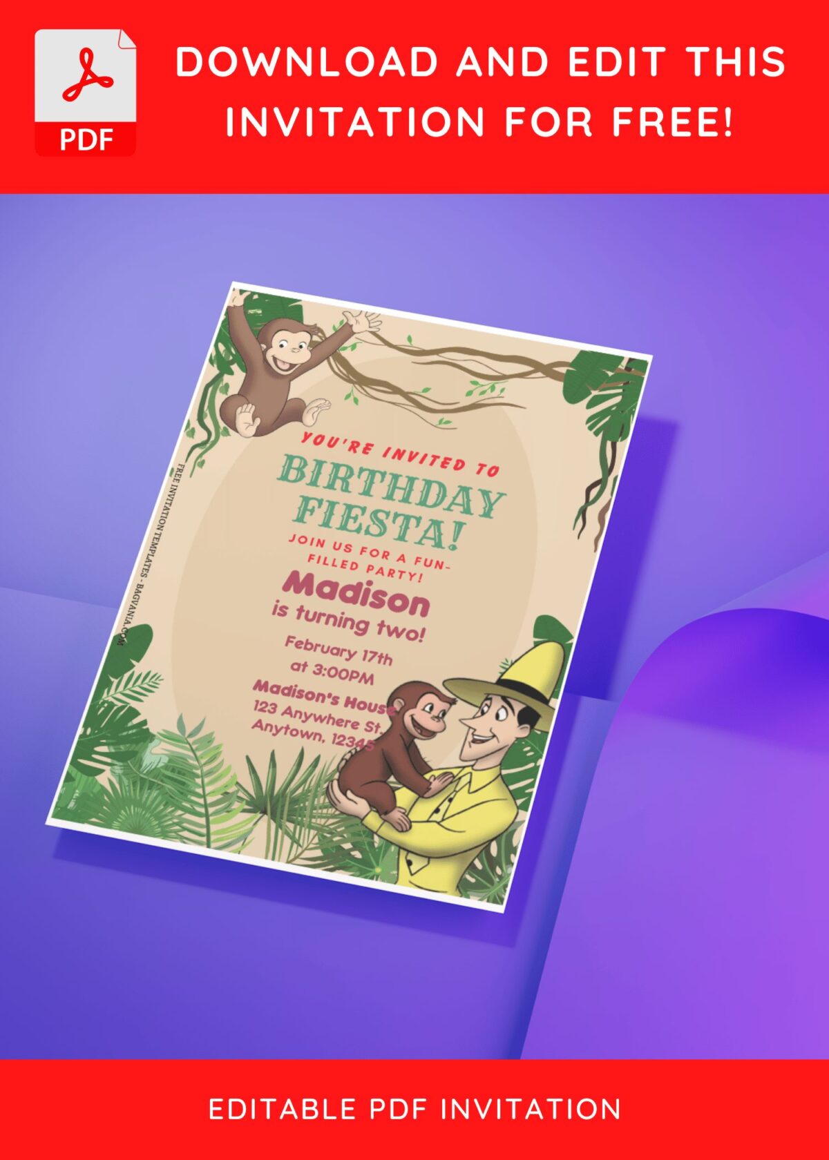(Free Editable PDF) Jungle Curious George Baby Shower Invitation Templates with editable text