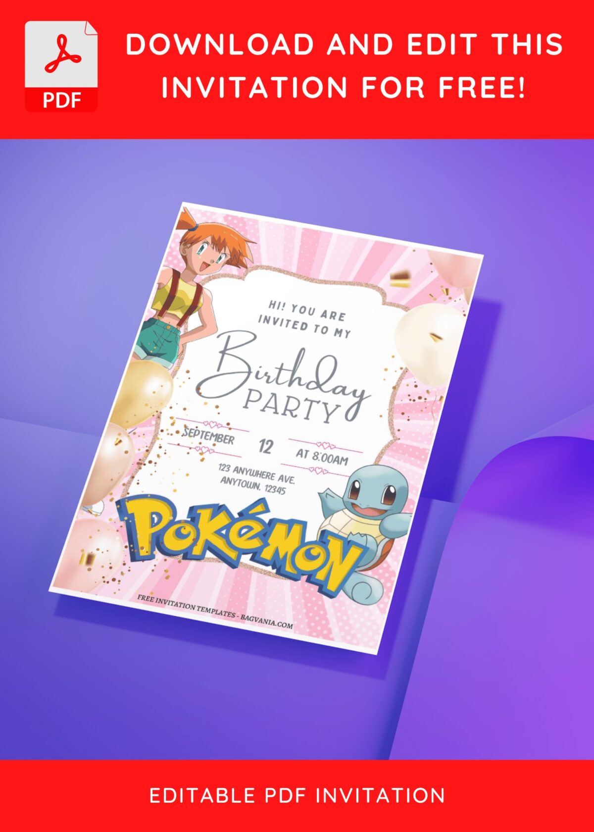 (Free Editable PDF) Shimmering Pokemon Girl Birthday Invitation Templates D