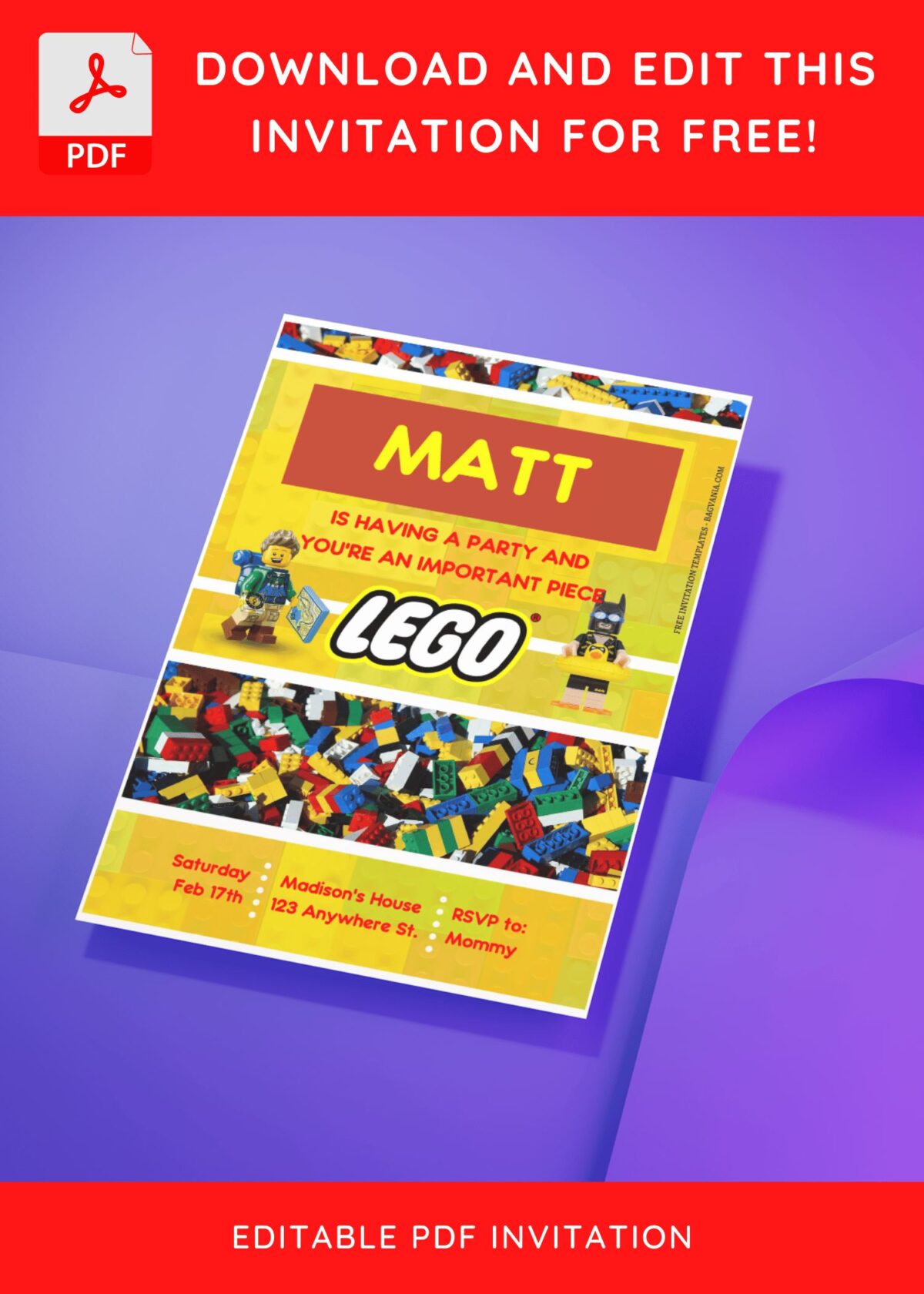(Free Editable PDF) Baby Builder Lego Brick Birthday Invitation Templates D
