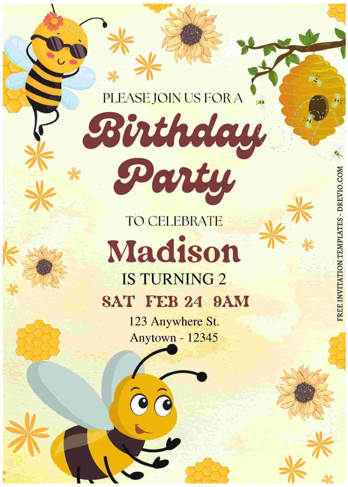 (Free Editable PDF) Fluttering Bee Birthday Invitation Templates C