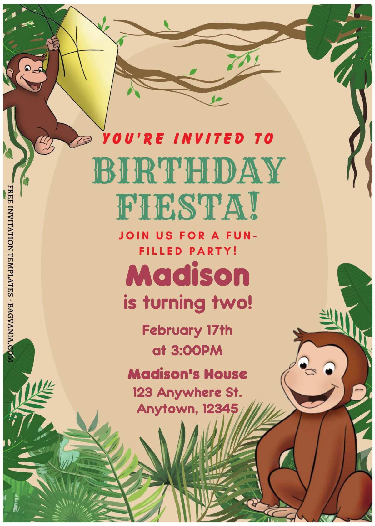 (Free Editable PDF) Jungle Curious George Baby Shower Invitation Templates with greenery border