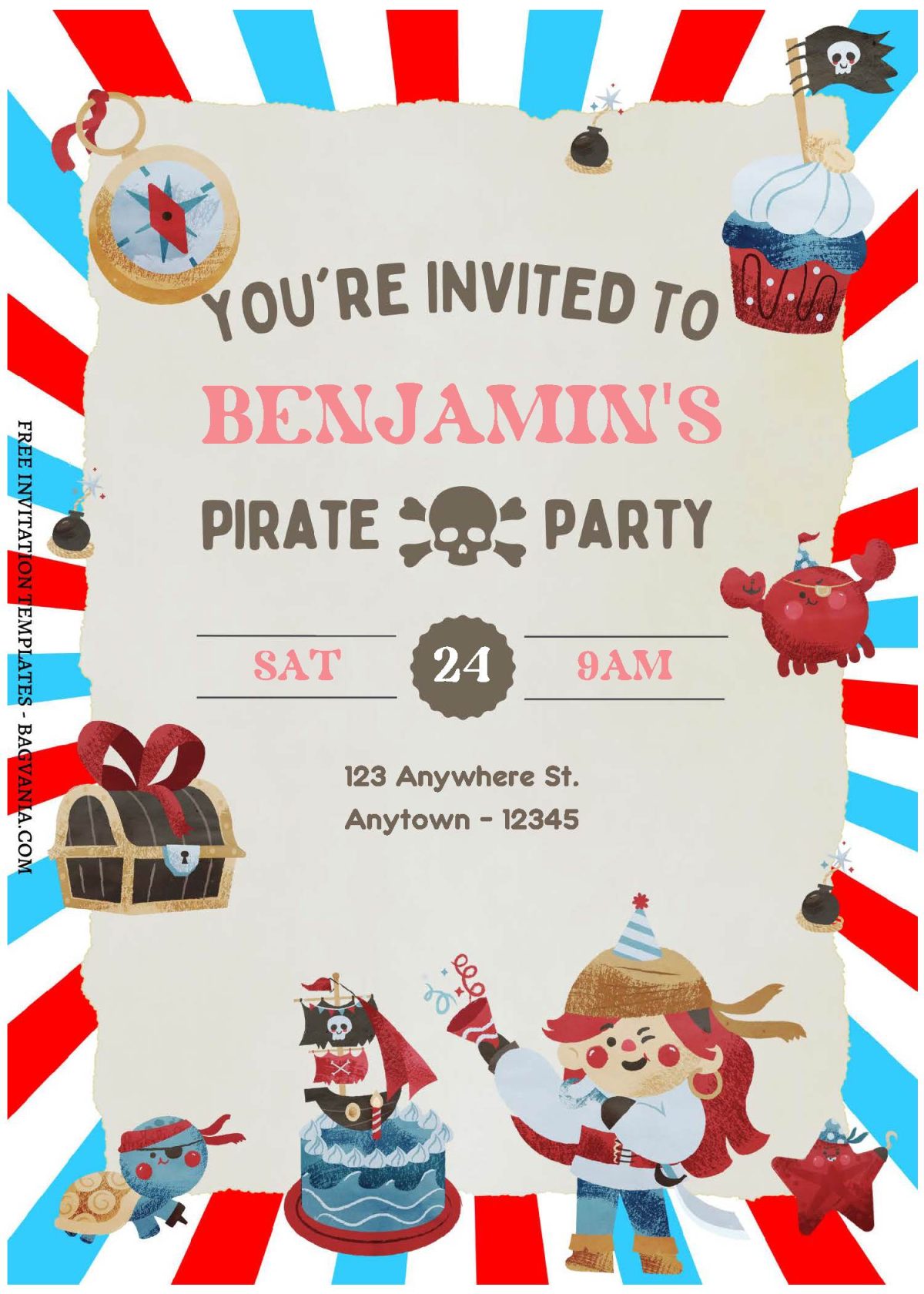 (Free Editable PDF) Swashbuckling Pirate Birthday Party Invitation Templates A