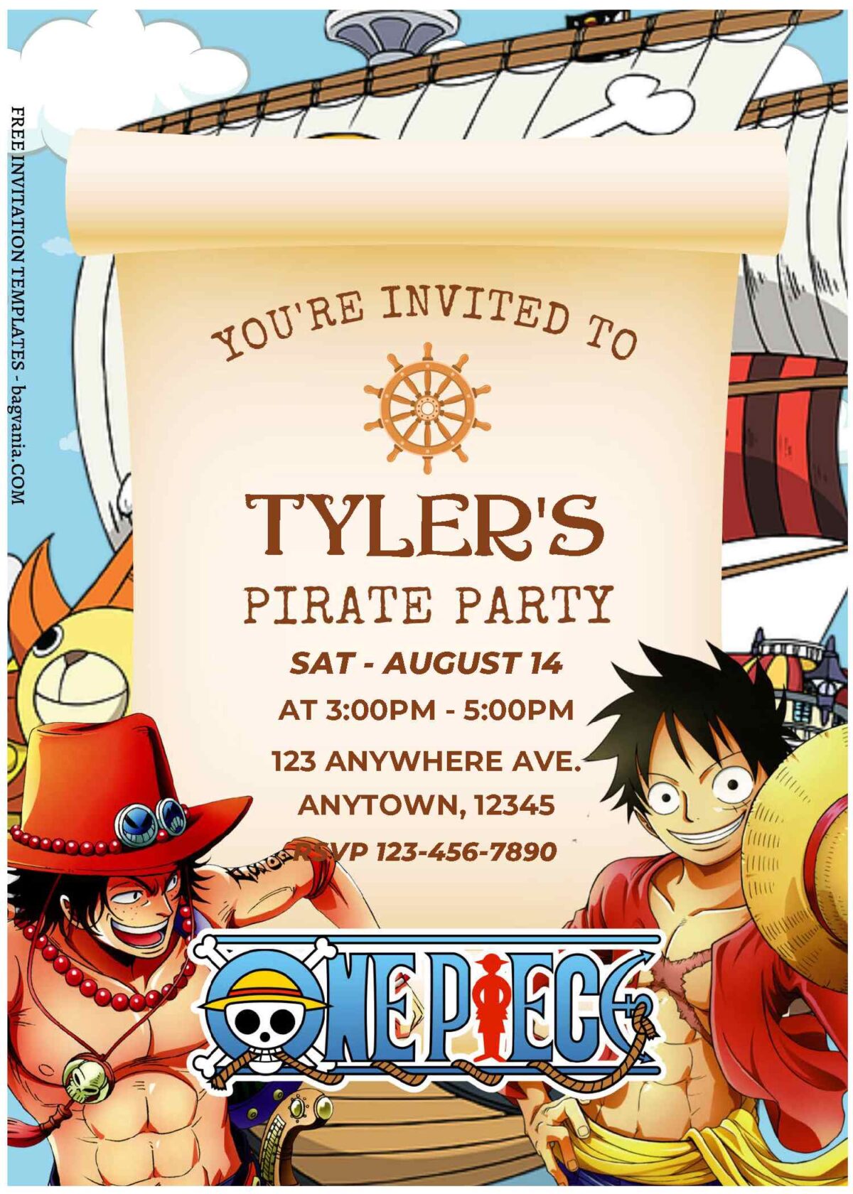 (Free Editable PDF) Luffy & Nakama One Piece Birthday Invitation Templates B